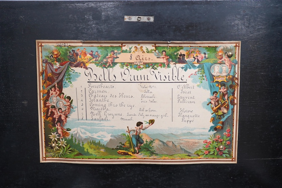 A 19th century Swiss cylinder, bells in sight eight air music box. Condition - poor with missing teeth to the comb, but working